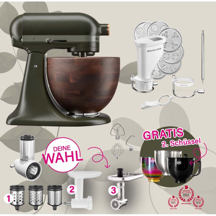 DESIGN EDITION: KitchenAid Artisan 4,7 Liter Spar-Set Pasta Pasta mit Röhrennudelvorsatz, Fleischwolf - EVERGREEN