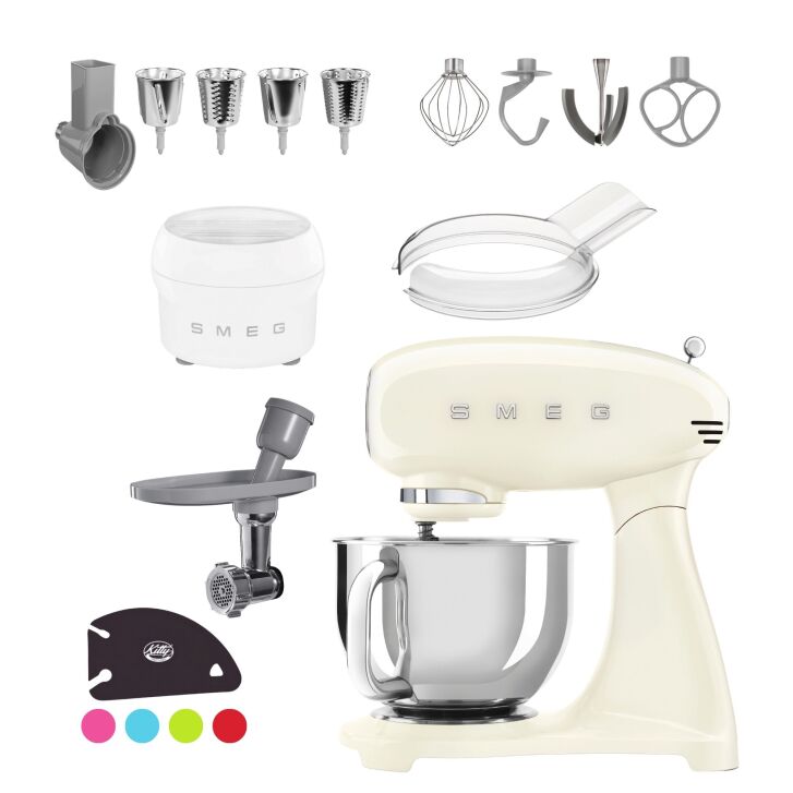 SMEG Küchenmaschine SMF03CREU Super Spar-Set inkl. Fleischwolf, Eisbereiter und Gemüseschneider - Creme 50s Retro-Style