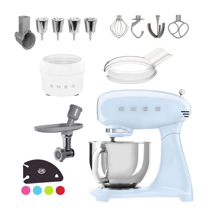 SMEG Küchenmaschine SMF03PBEU Super Spar-Set inkl. Fleischwolf, Eisbereiter und Gemüseschneider - Pastellblau 50s Retro-Style