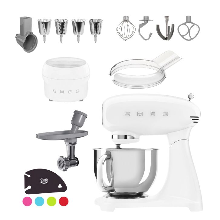 SMEG Küchenmaschine SMF03WHEU Super Spar-Set inkl. Fleischwolf, Eisbereiter und Gemüseschneider - Weiß 50s Retro-Style