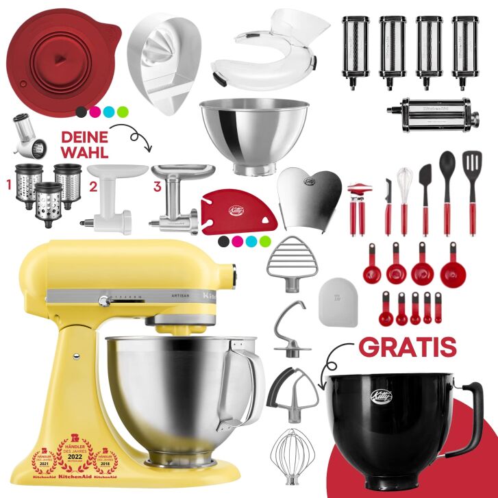 KitchenAid 4,7 Liter KSM195 Spar-Set Pasta Deluxe mit 5tlg. Pastawalzen-Set, Fleischwolf - YELLOW BUTTER