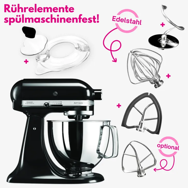 KitchenAid Starterpack: KitchenAid Artisan Küchenmaschine 4,8 L - ONYX-SCHWARZ -  inkl. Profi-Spritzschutz Zuhälter und Profi-Edelstahl-Rührelemente Teigpeitsche, Schaumschläger & Tornado