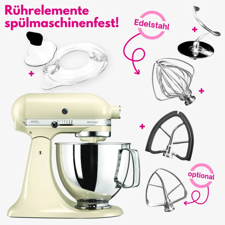 KitchenAid Starterpack: KitchenAid Artisan Küchenmaschine 4,8 L - CREME -  inkl. Profi-Spritzschutz Zuhälter und Profi-Edelstahl-Rührelemente Teigpeitsche, Schaumschläger & Tornado